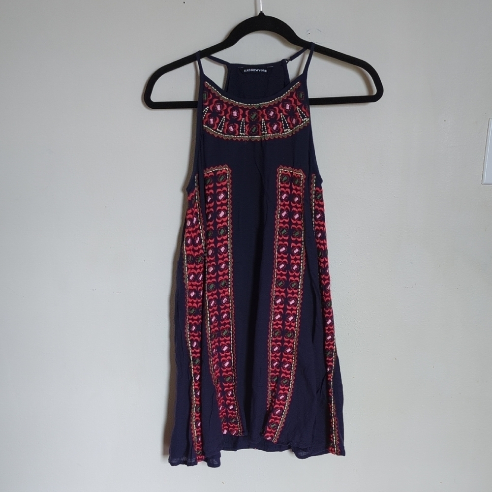 Kas New York Embroidered Mini Trapeze Dress Blue Pink Halter 100% Cotton Size XS